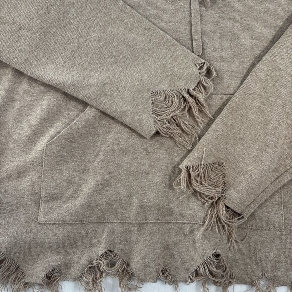 MITTOSHOP Women’s Sweater Hoodie Fringe Raw Edges Distressed Tan - Picture 3 of 9